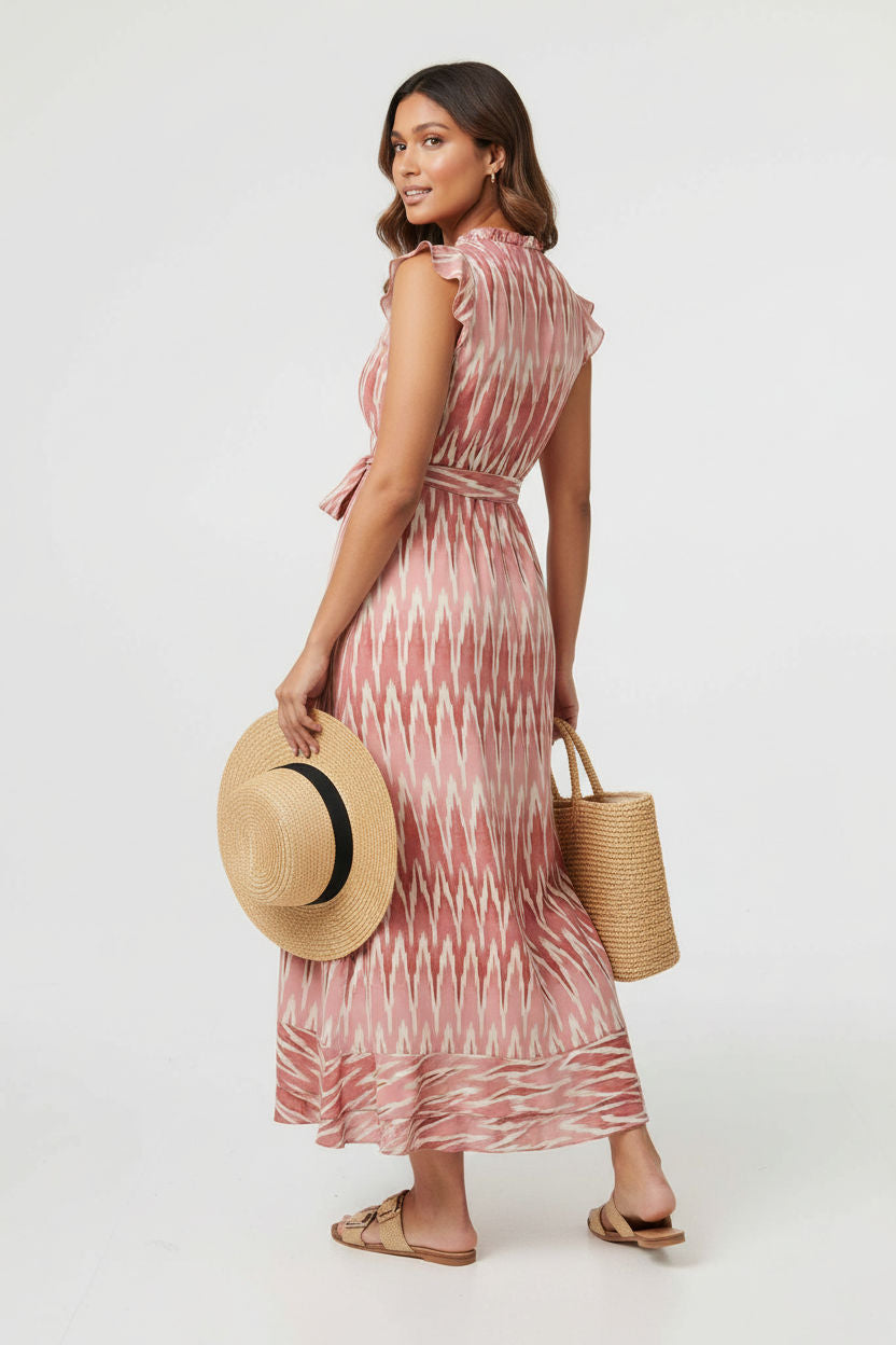 Ruffle Trim Ikat Maxi Dress
