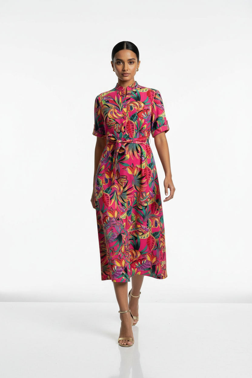 Tropical Print Button-Front Midi Dress in Pink
