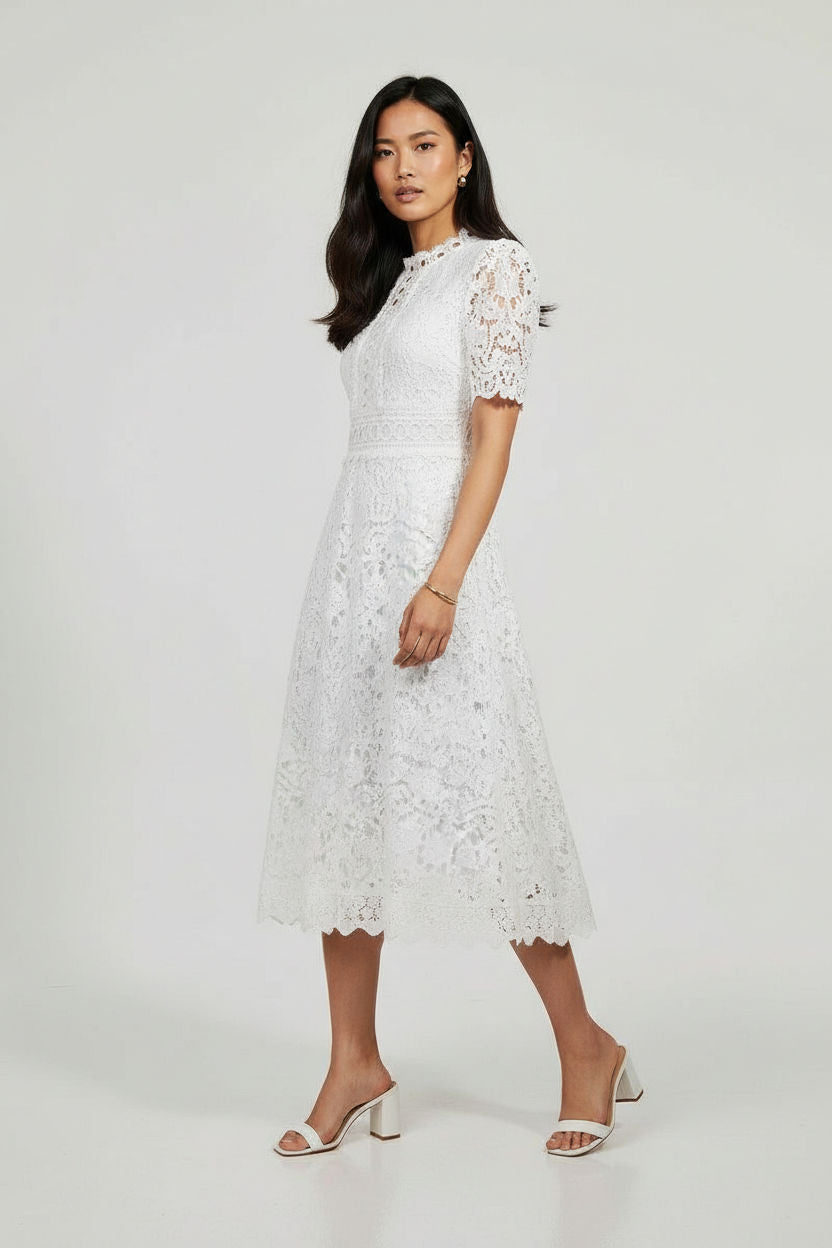 Floral Lace Midi Dress in White