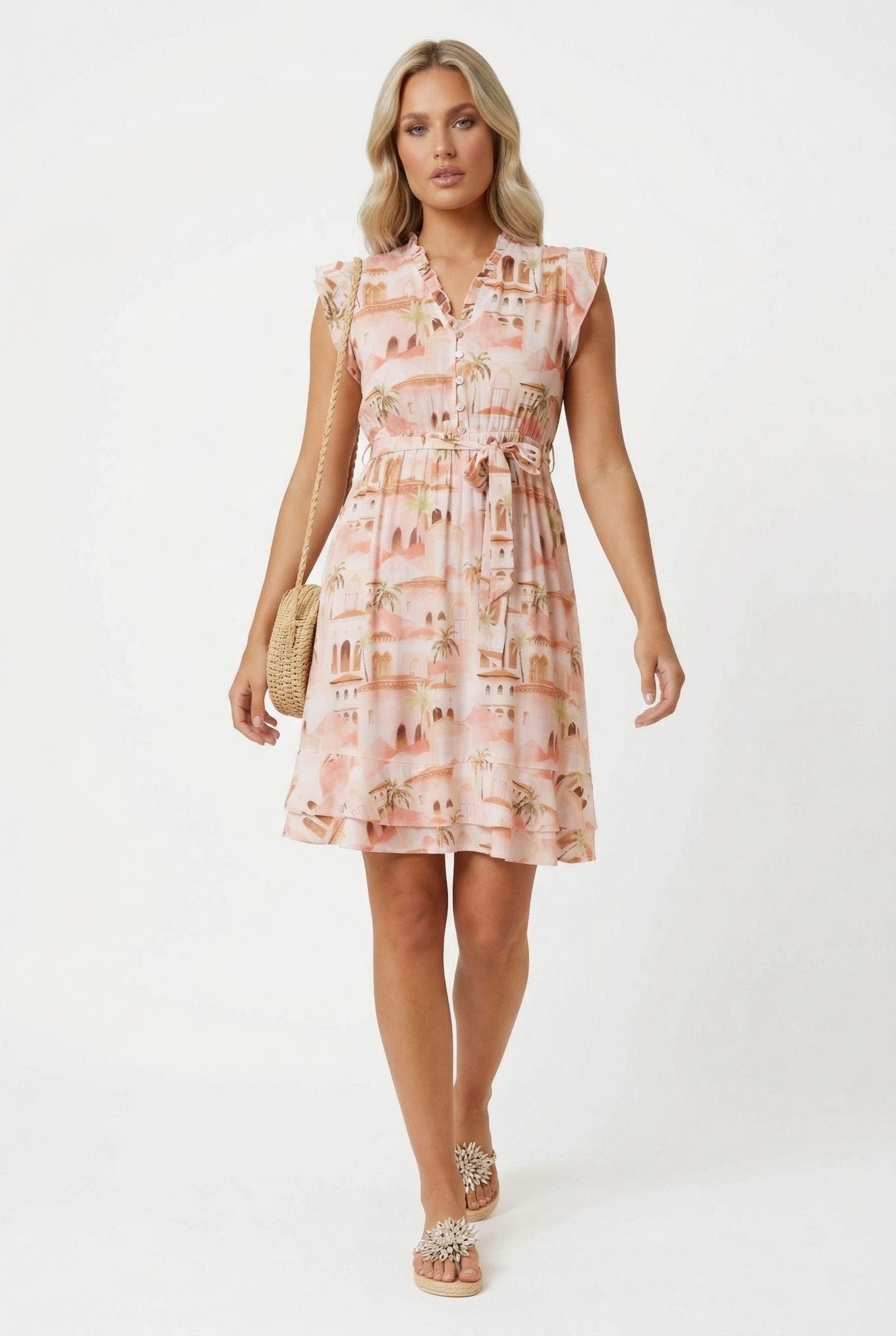 Tiered Ruffle-Sleeve Printed Mini Dress