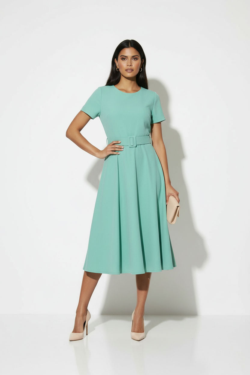 Short Sleeve Belted Midi Dress in Mint