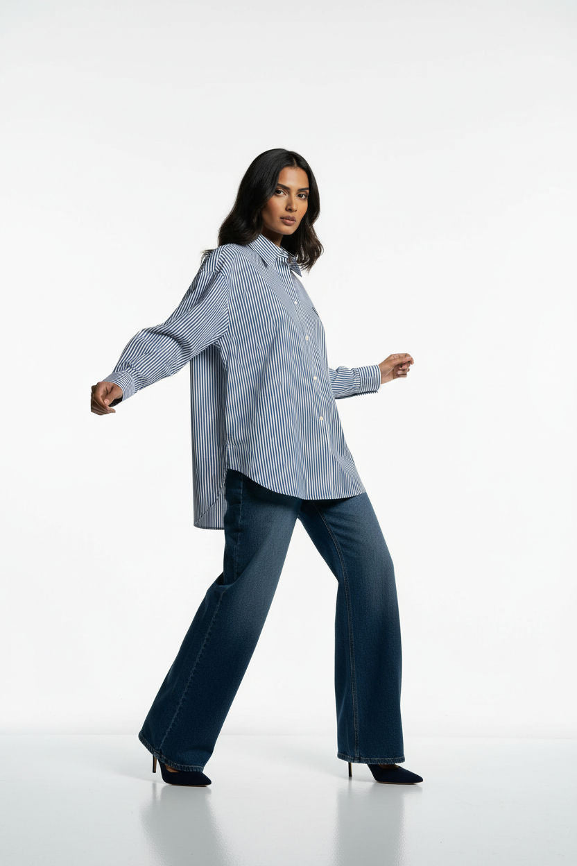 Collared Button-Up Shirt in Navy Stripe