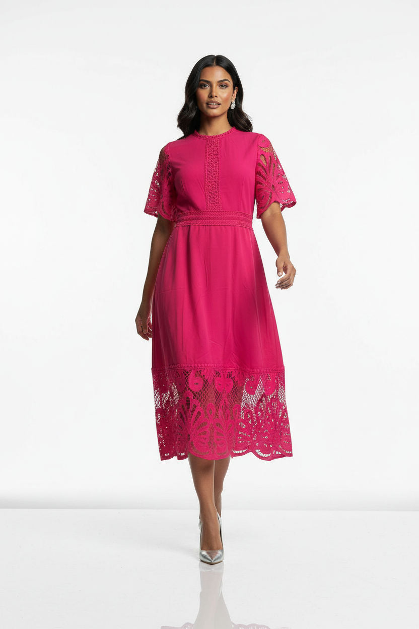 Lace Trim Midi Dress in Pink