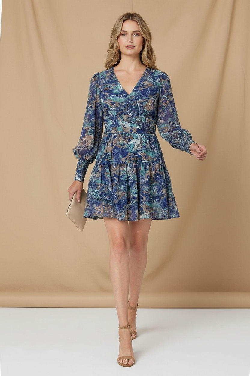 Printed Long Sleeve Mini Dress in Blue