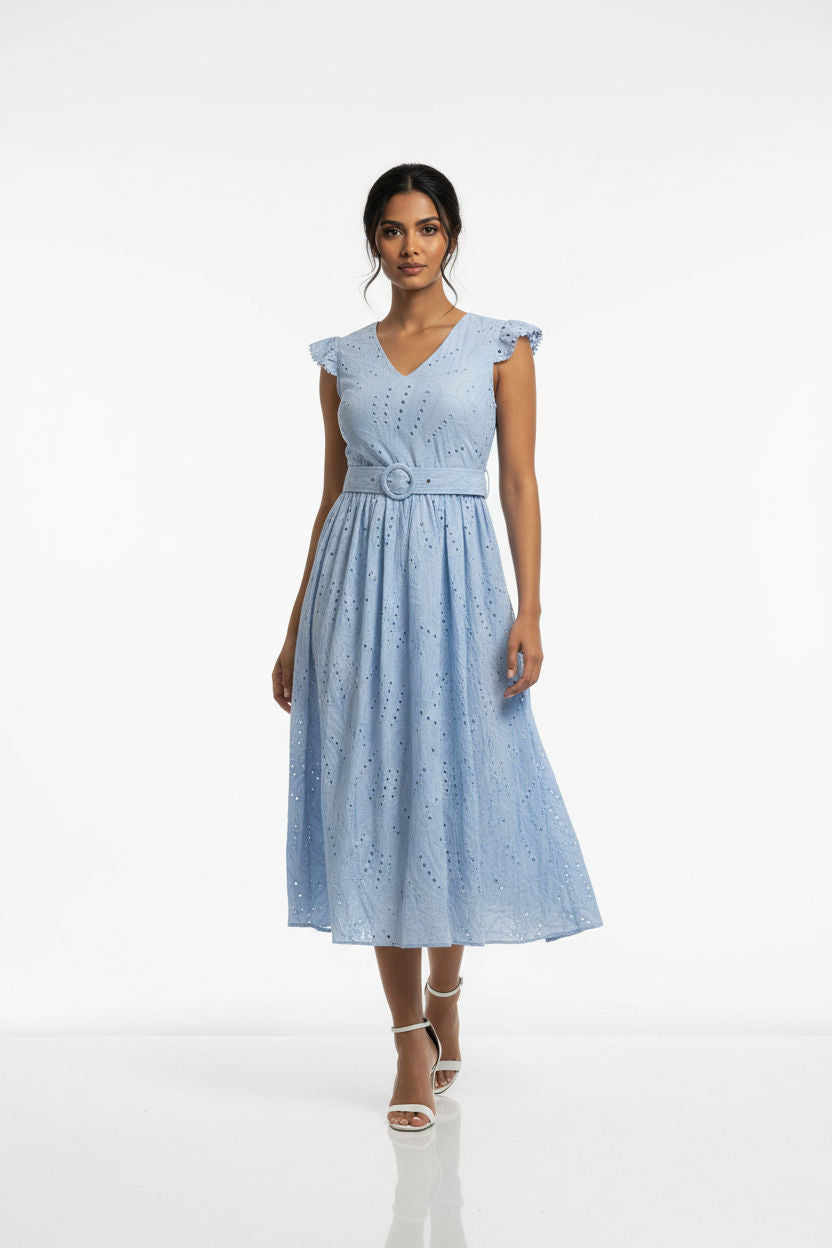 Eyelet Lace Midi Dress in Powder Blue