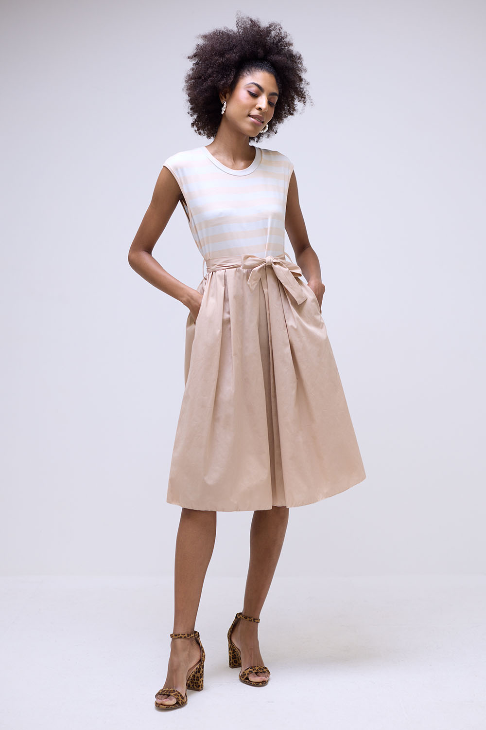 Zaira Striped Popline Belted Short Dress in Beige