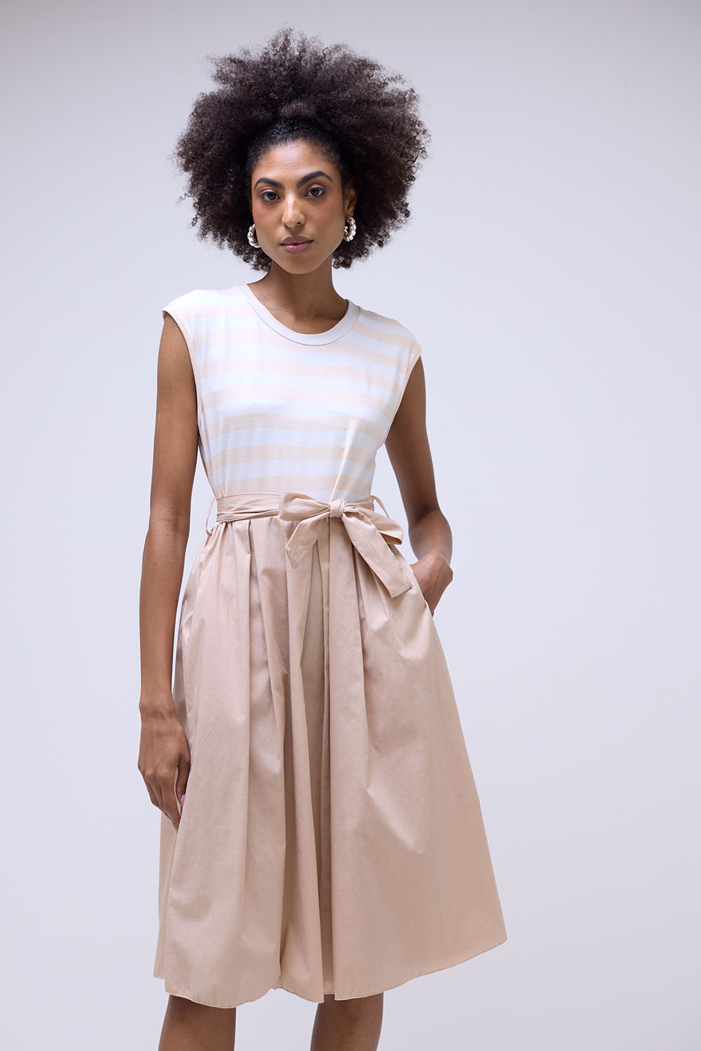 Zaira Striped Popline Belted Short Dress in Beige