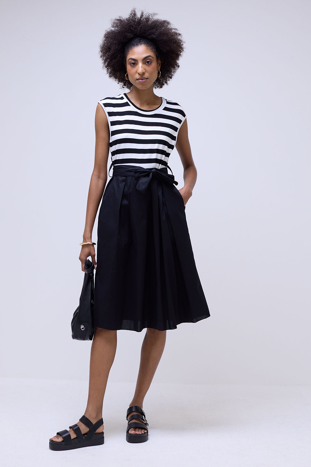 Zaira Striped Popline Belted Short Dress in Black