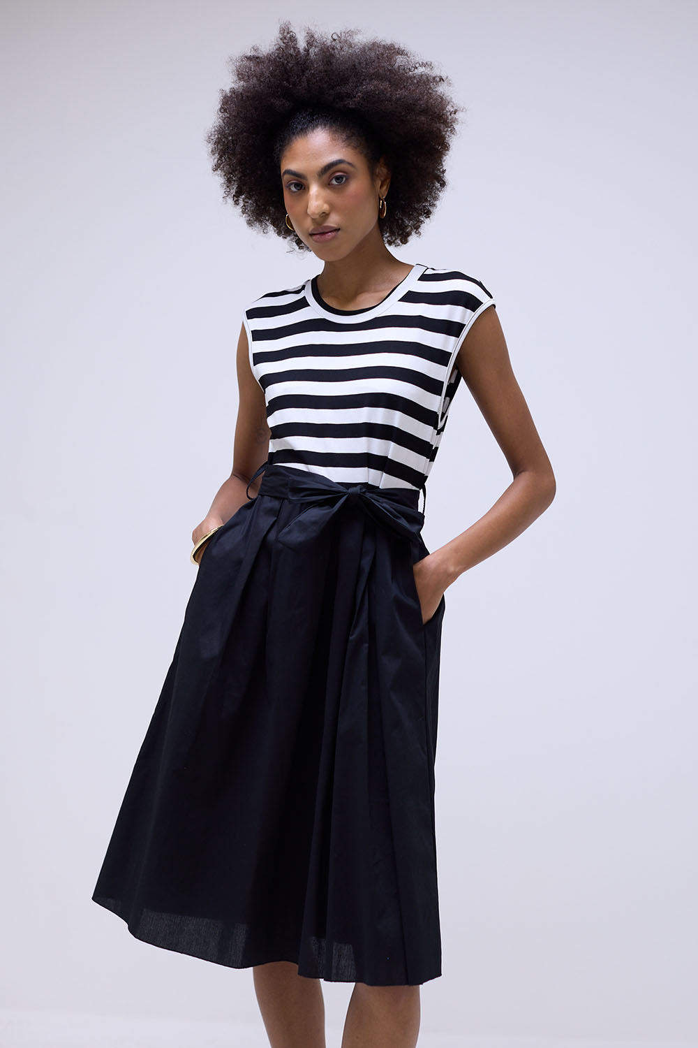 Zaira Striped Popline Belted Short Dress in Black