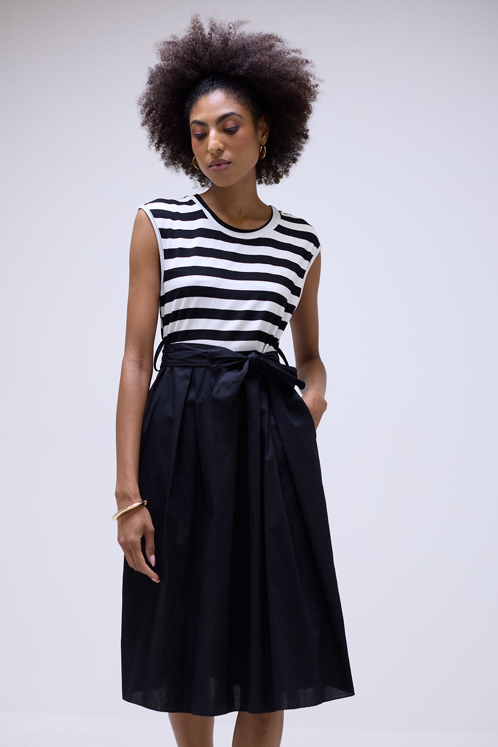 Zaira Striped Popline Belted Short Dress in Black