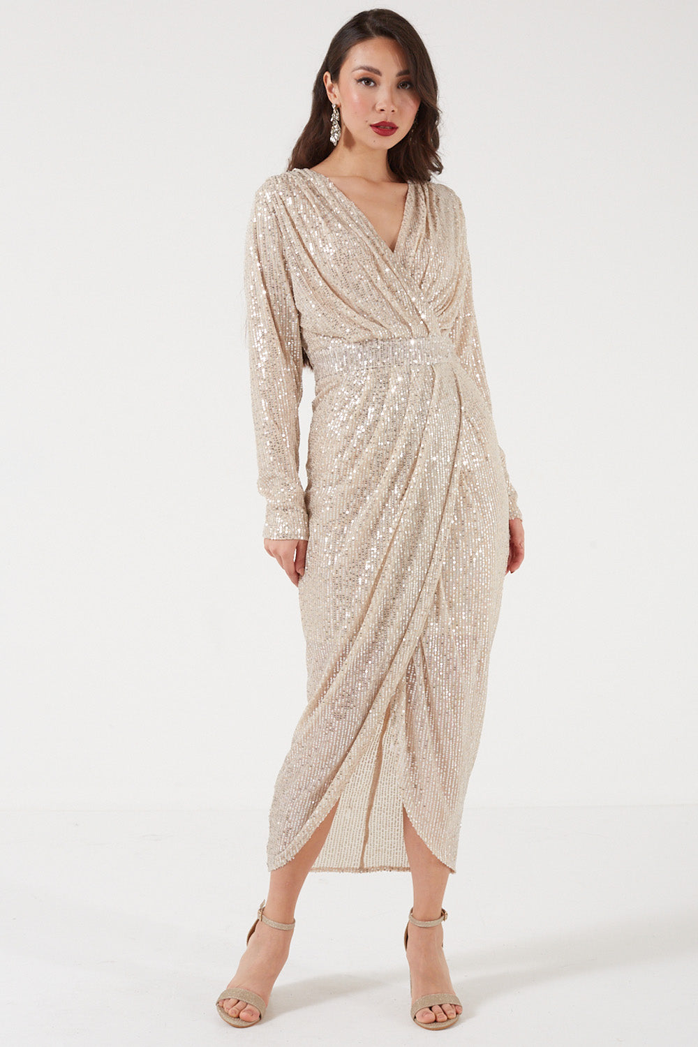 Alicent Sequin Midi Dress in Champagne