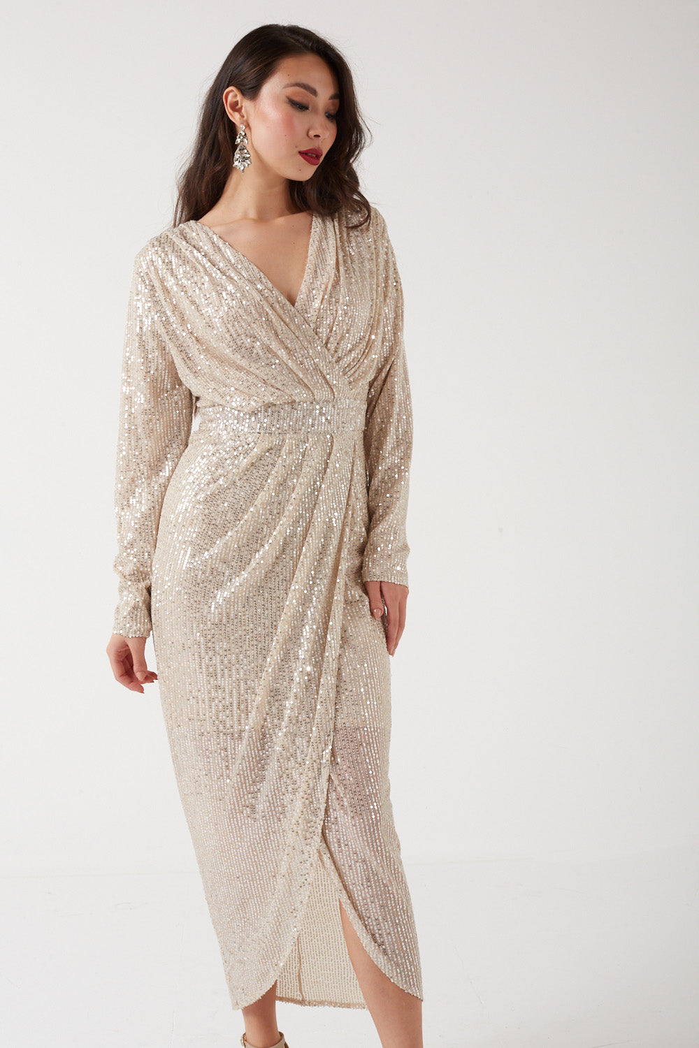 Alicent Sequin Midi Dress in Champagne