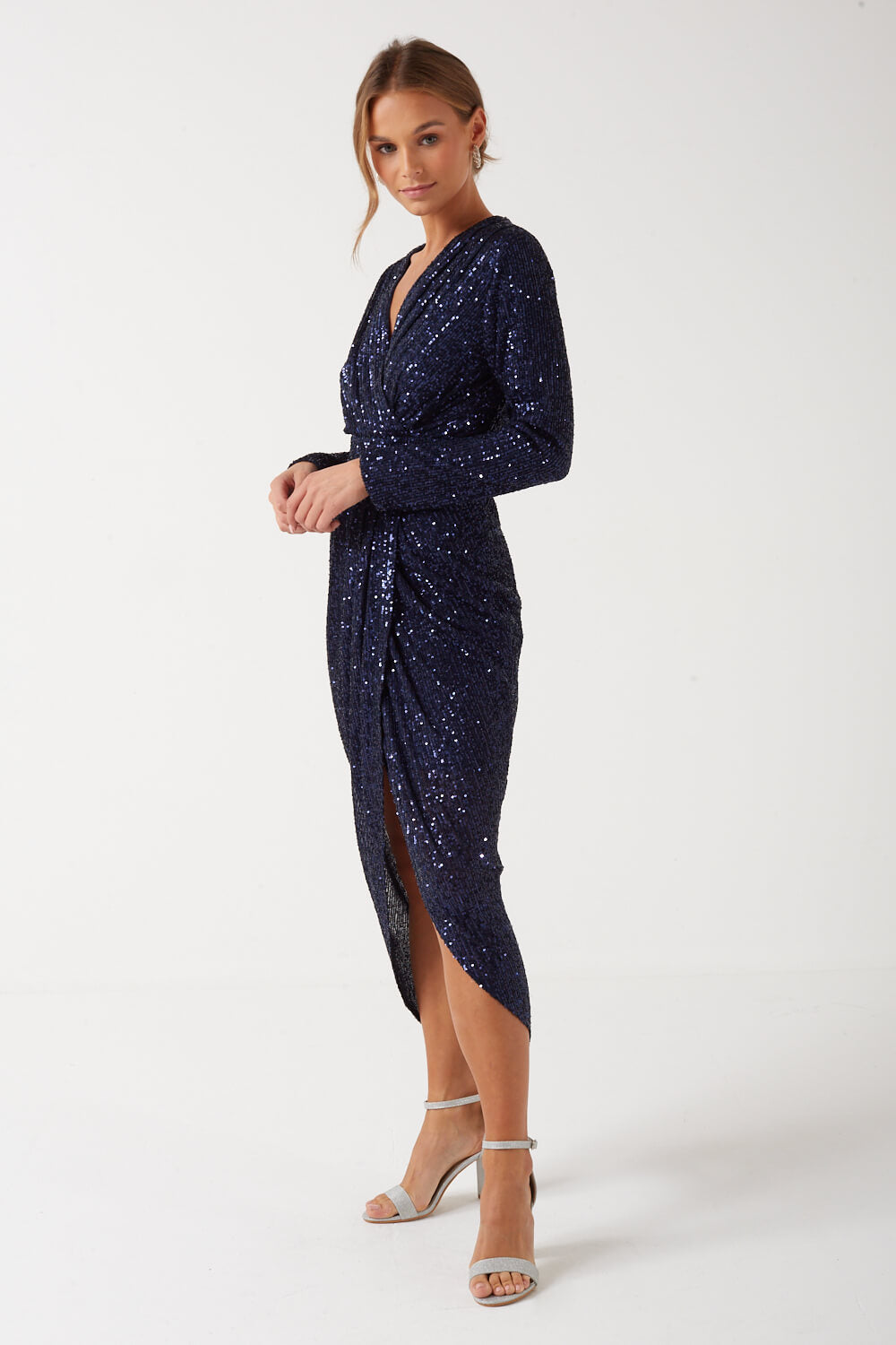Alicent Sequin Midi Dress in Navy