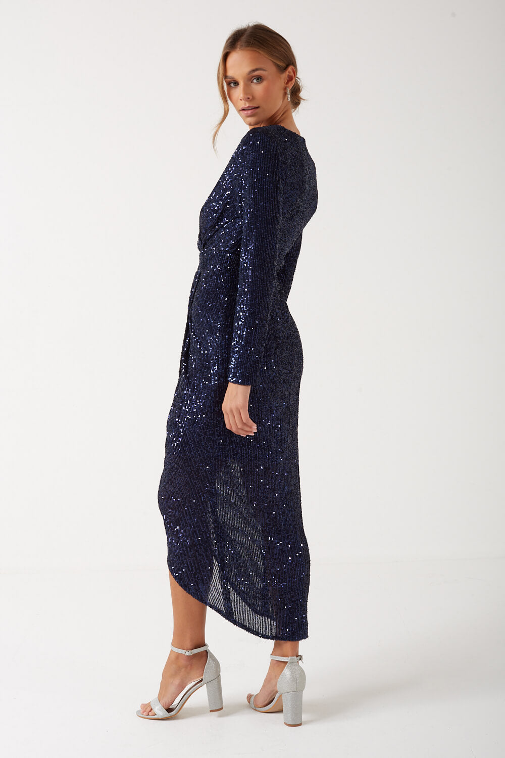 Alicent Sequin Midi Dress in Navy