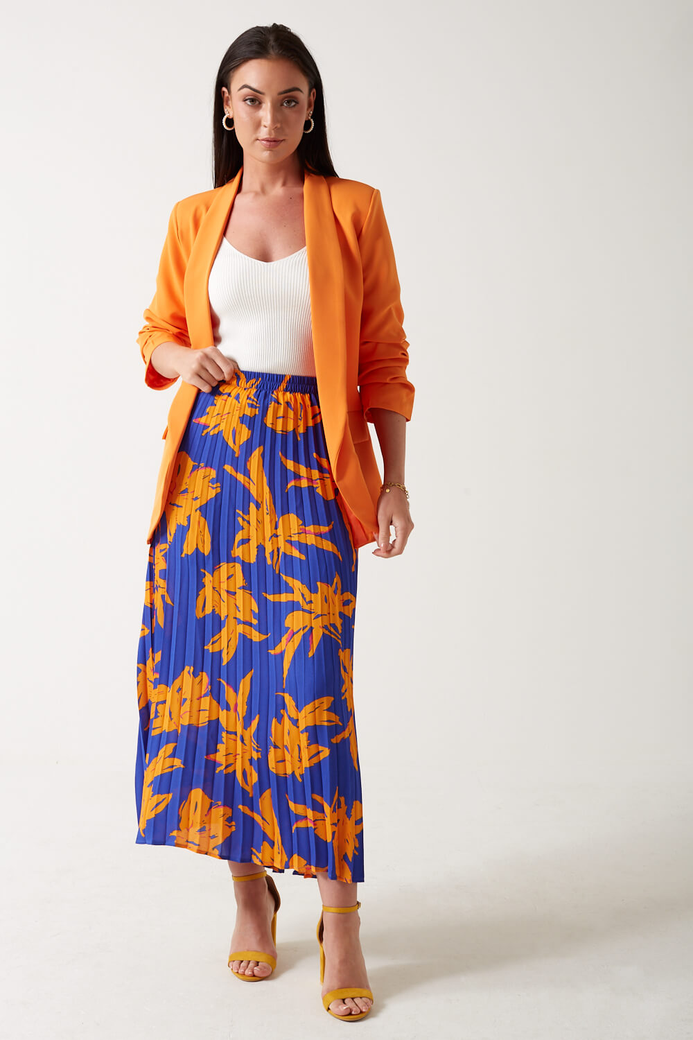 Alma Printed Pleated Midi Skirt in Blue