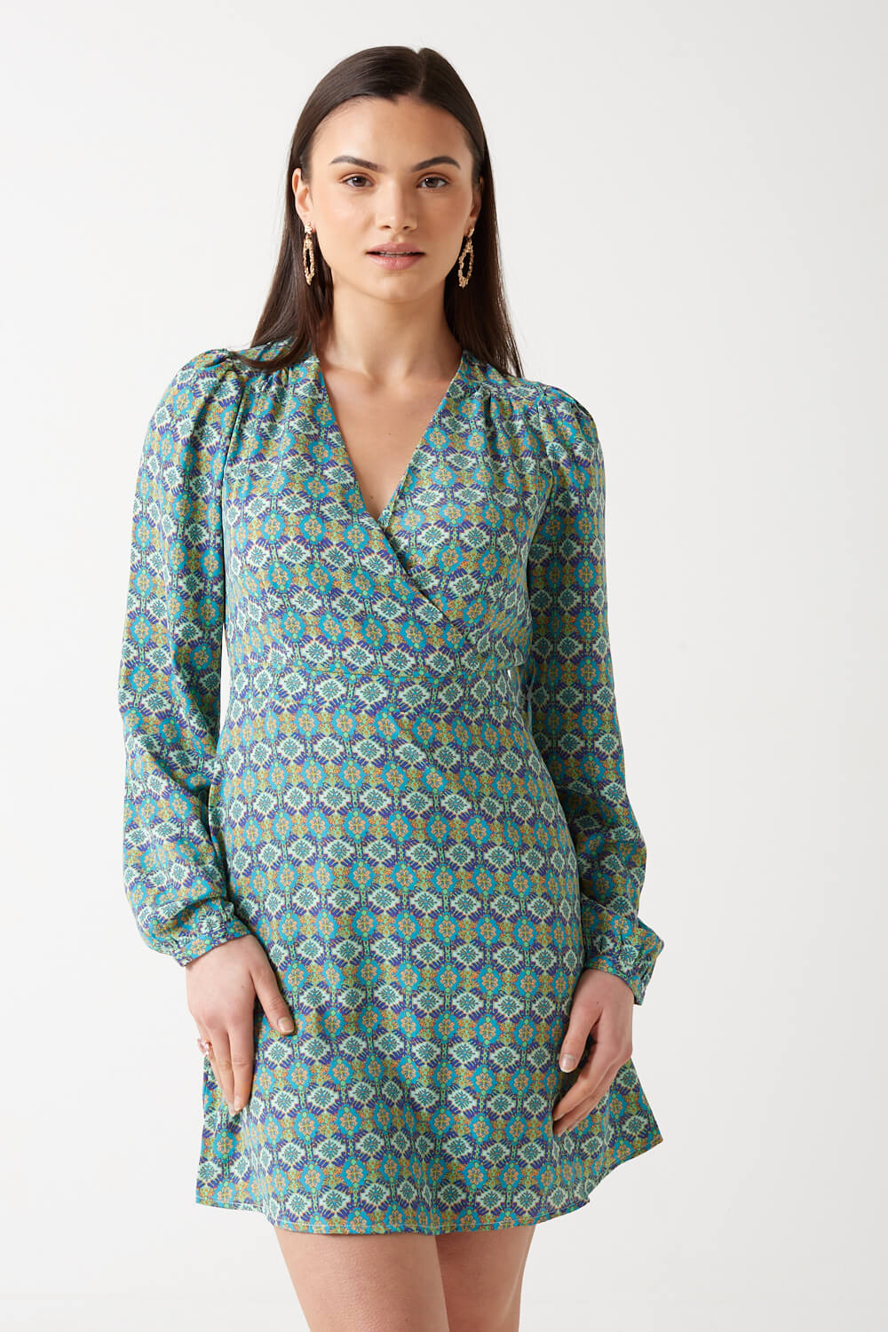 Alma Printed Short Dress in Green