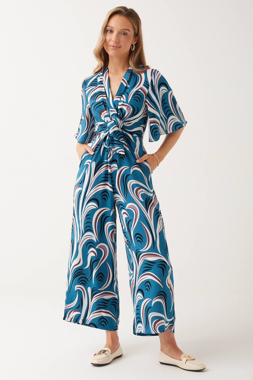 Amy Wave Print Jumpsuit in Teal