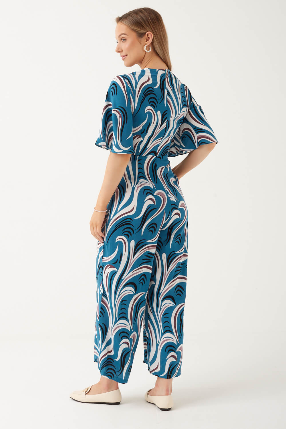 Amy Wave Print Jumpsuit in Teal