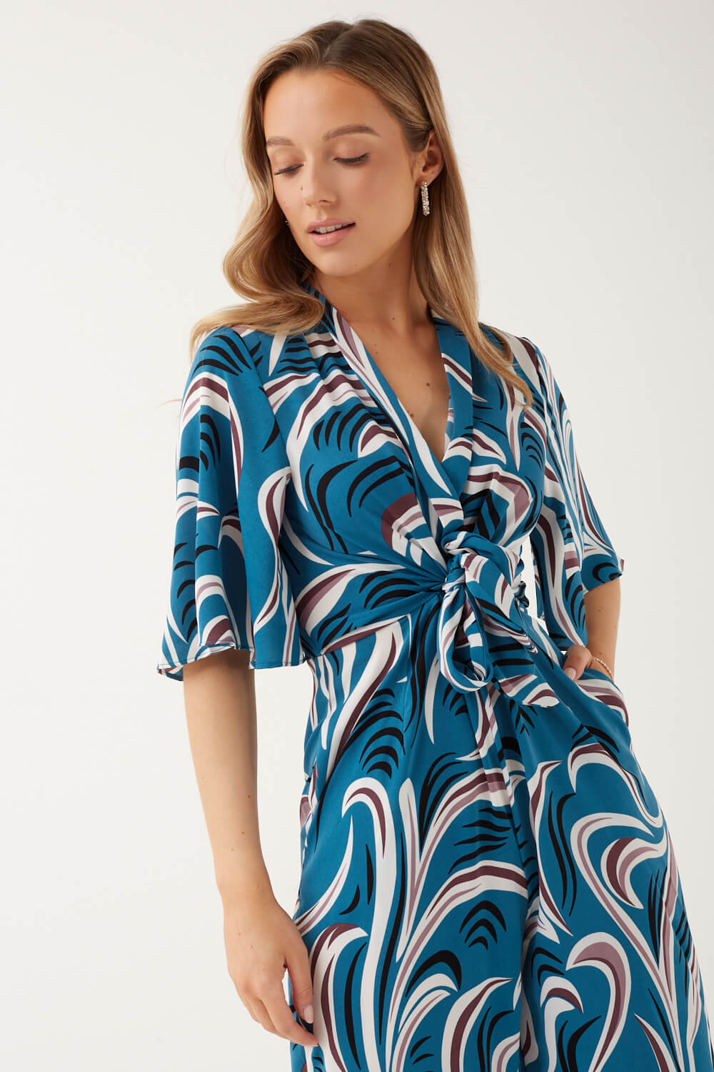 Amy Wave Print Jumpsuit in Teal