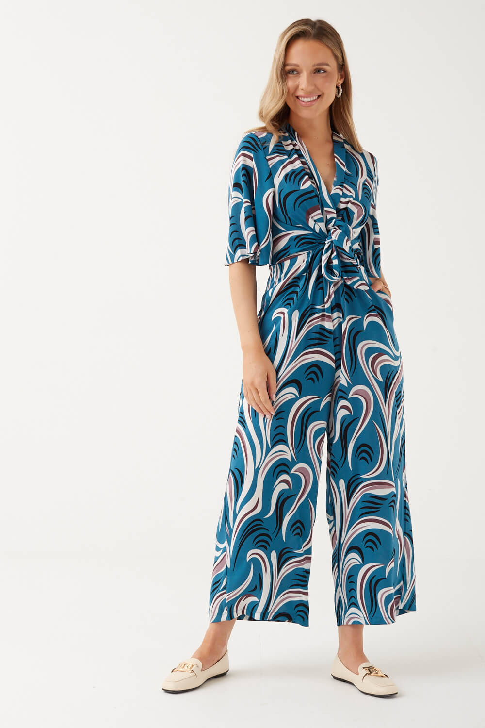 Amy Wave Print Jumpsuit in Teal