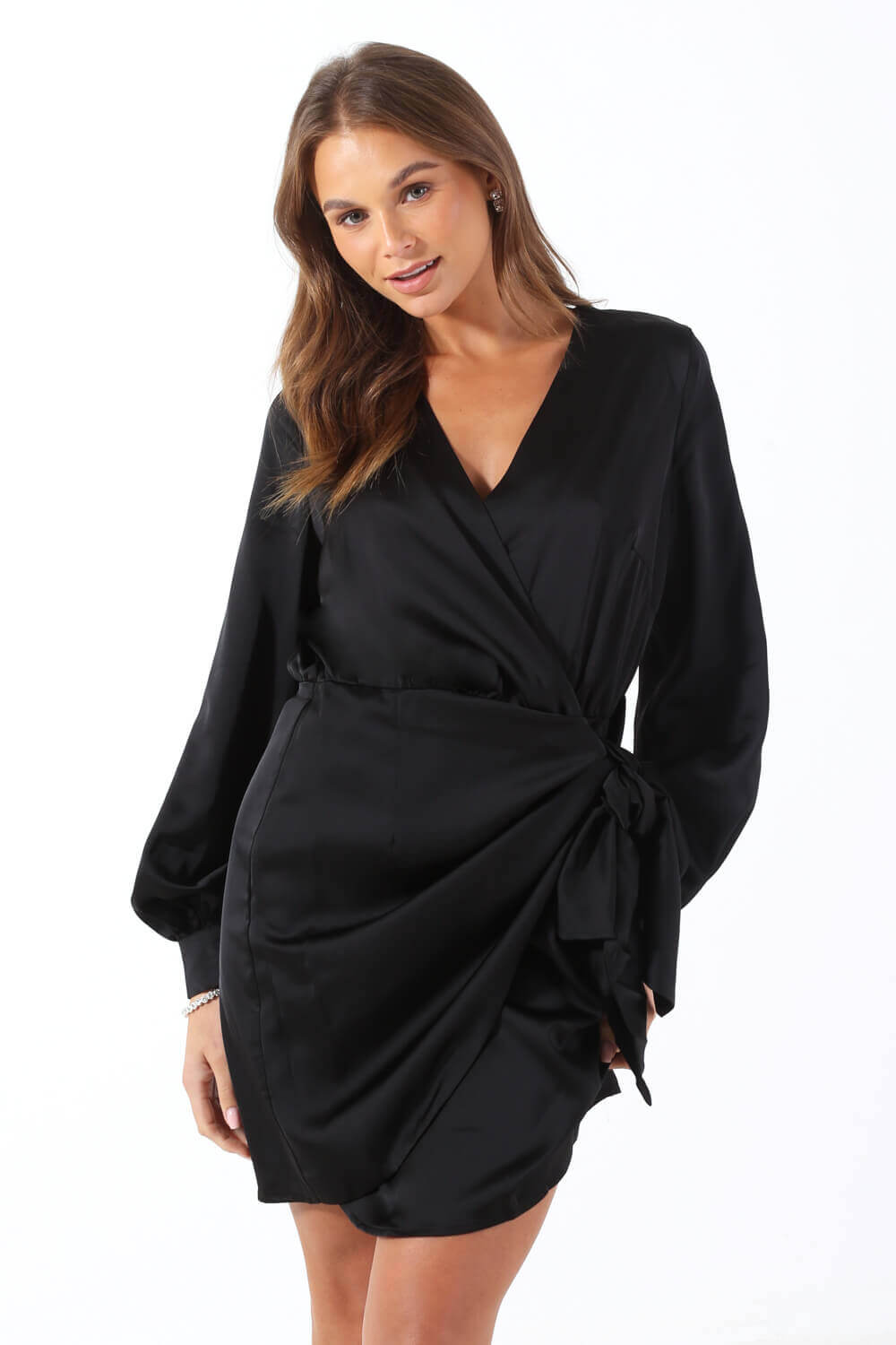 Melissa LS Wrap Satin Short Dress in Black