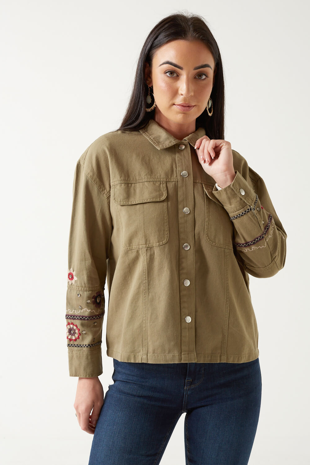 Anaya Embroidered Denim Jacket in Khaki