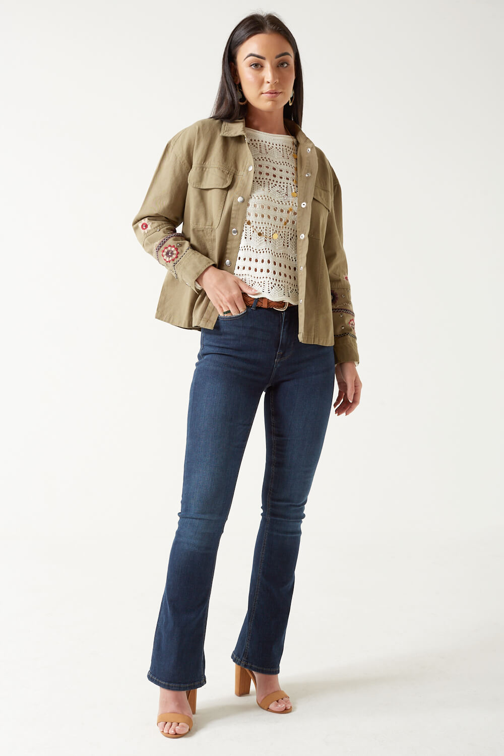 Anaya Embroidered Denim Jacket in Khaki