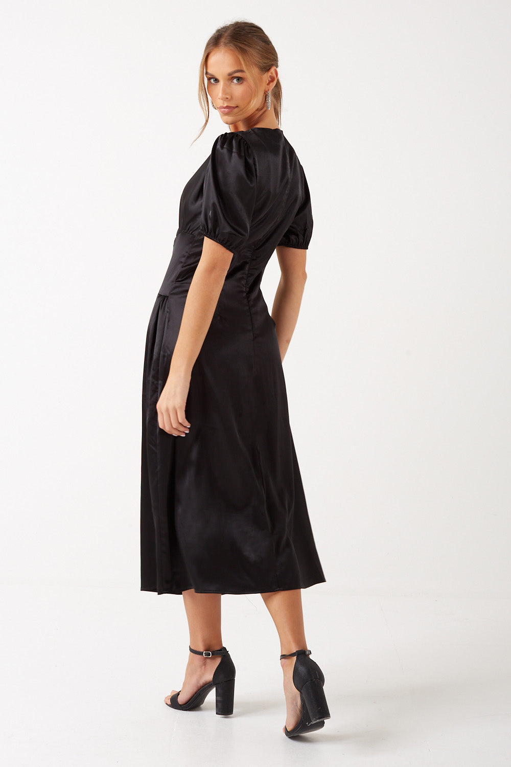 Annalise Puff Sleeve Satin Midi Dress in Black