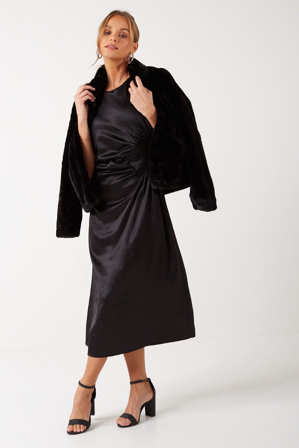 Annalise Puff Sleeve Satin Midi Dress in Black