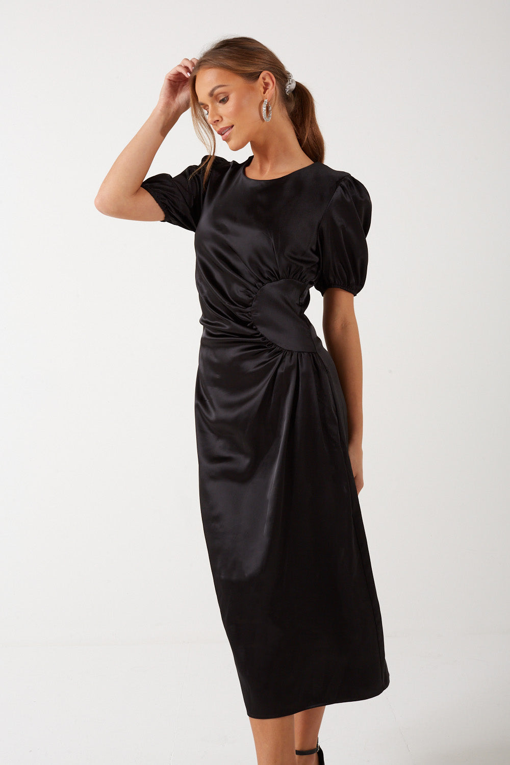 Annalise Puff Sleeve Satin Midi Dress in Black