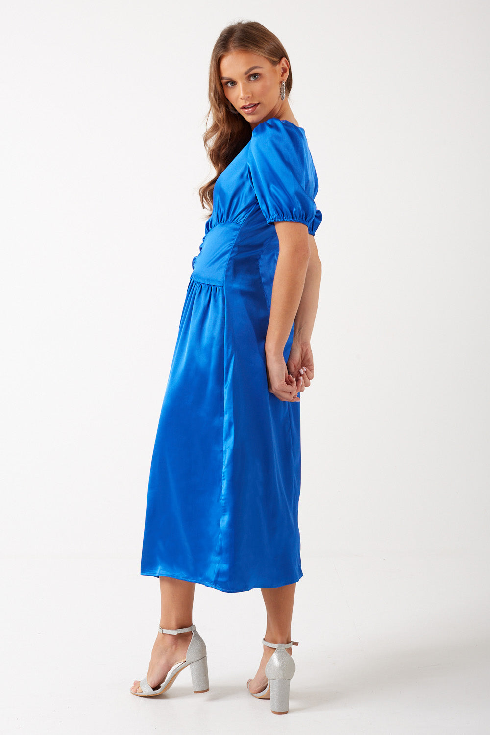 Annalise Puff Sleeve Satin Midi Dress in Blue