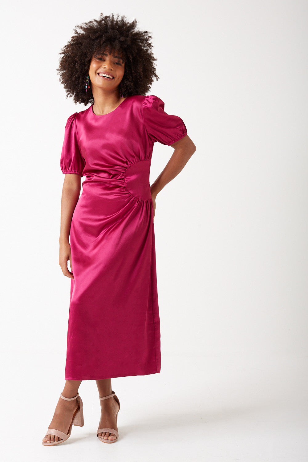 Annalise Puff Sleeve Satin Midi Dress in Pink