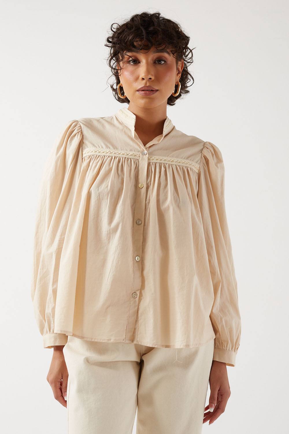 Arlene Popline Collarless Blouse in Beige