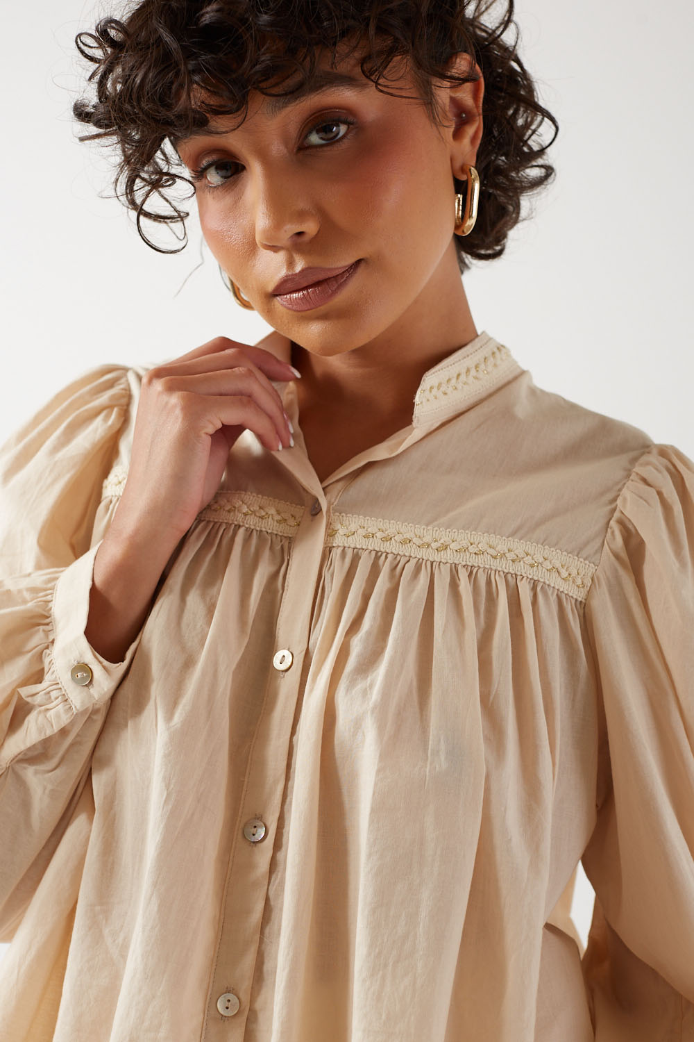 Arlene Popline Collarless Blouse in Beige