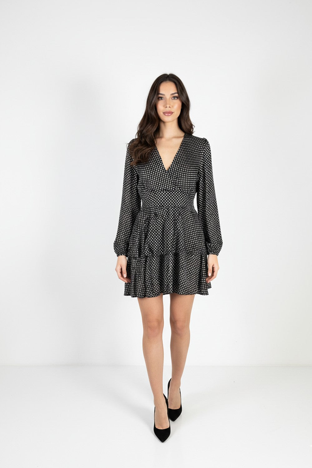 Kate Polka Dot Ruffle Wrap Dress in Black