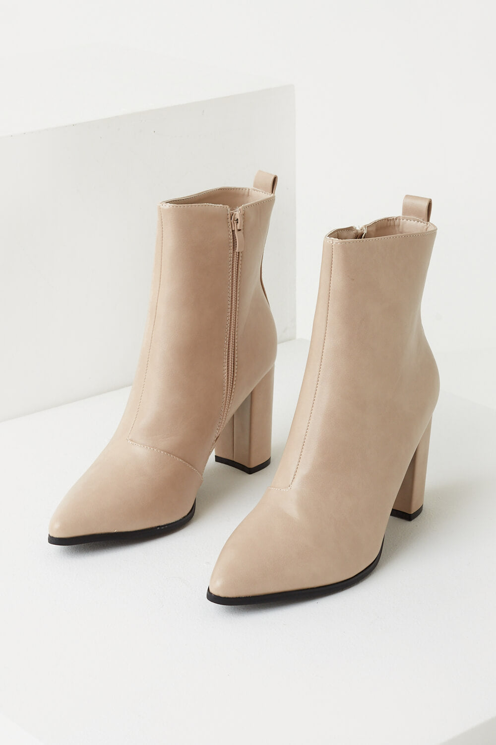 Blair Faux Leather Heeled Ankle Boots in Beige