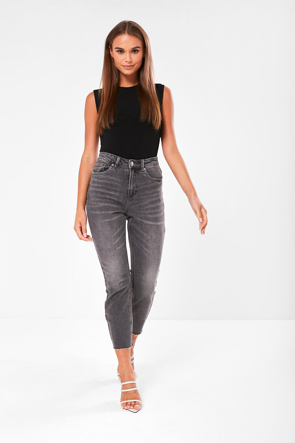 Brenda High Rise Straight Cut Jeans in Grey