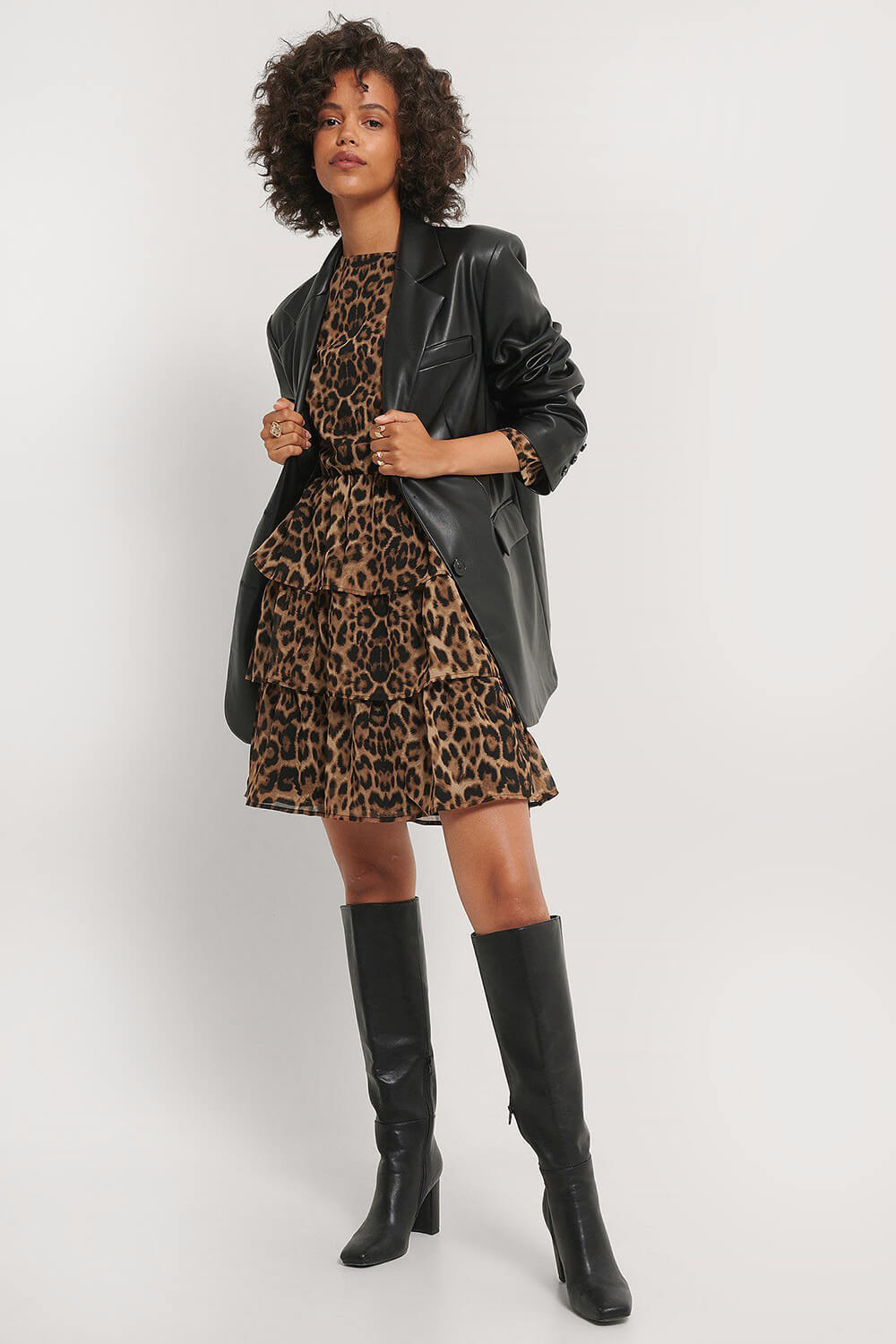 NA-KD Chiffon Animal Print Dress in Brown