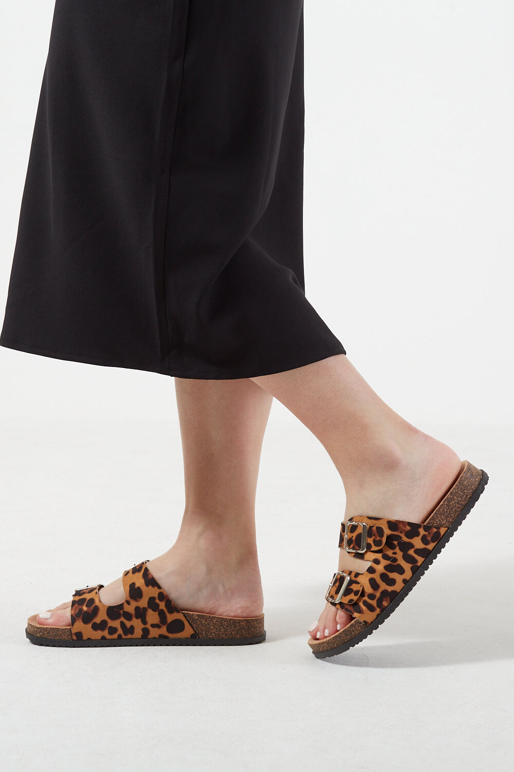 Bia Two Strap Suede Slides in Leopard Print