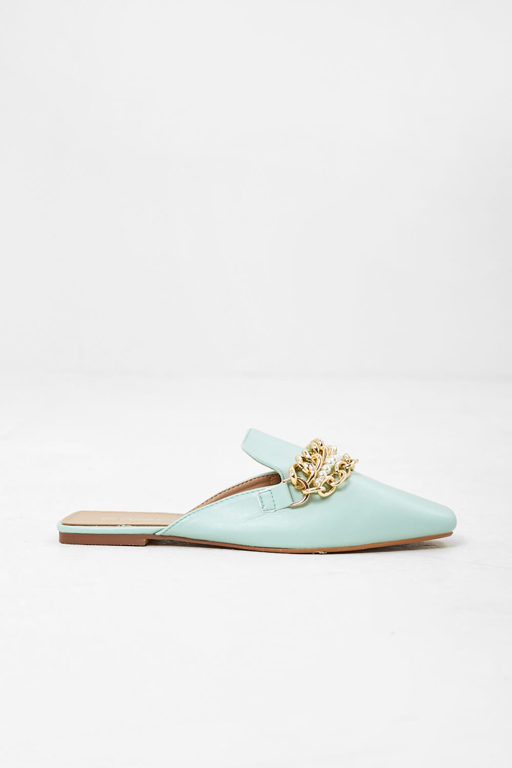 Chain and Pearl Mule Loafers in Mint Green
