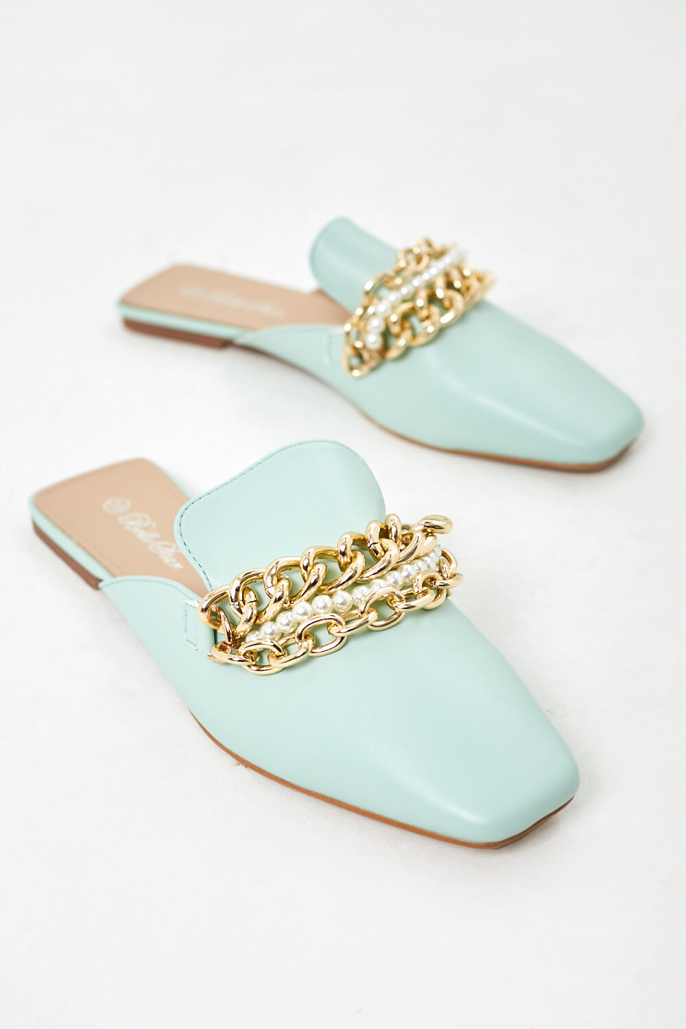 Chain and Pearl Mule Loafers in Mint Green