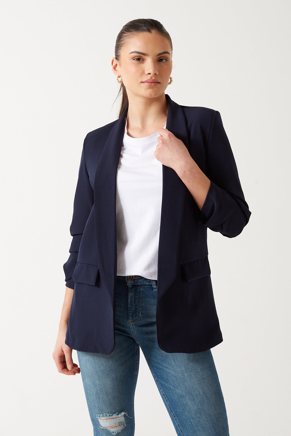Chantel Ruched Sleeve Blazer in Navy