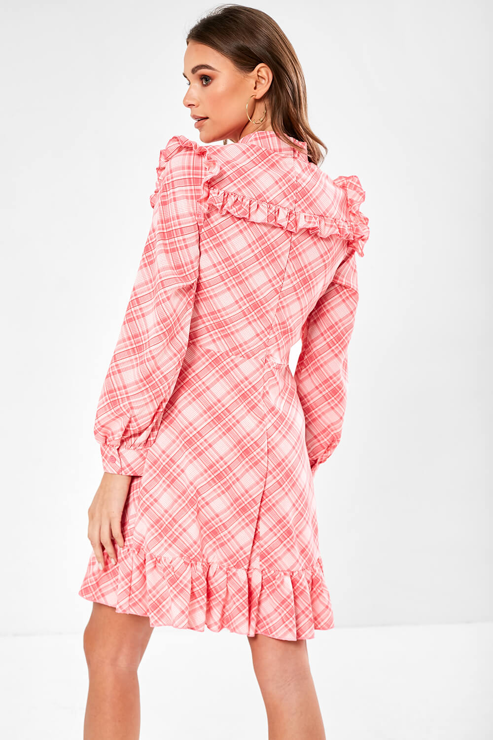 Cleo Long Sleeve Ruffle Dress in Pink Check
