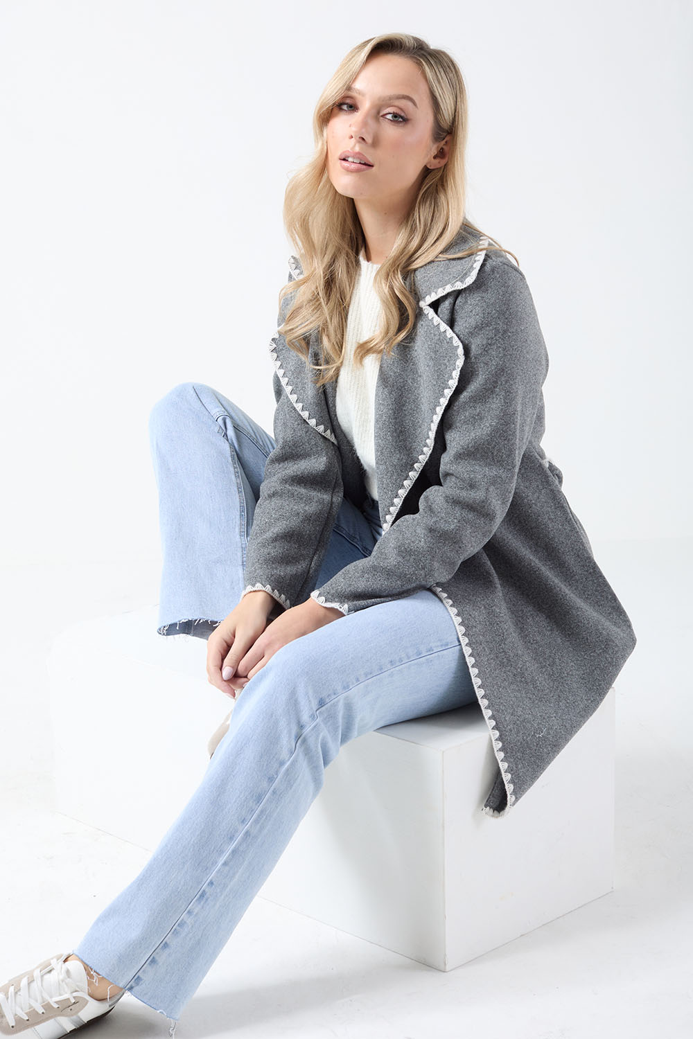 Aoife Blanket Stitch Coat in Grey