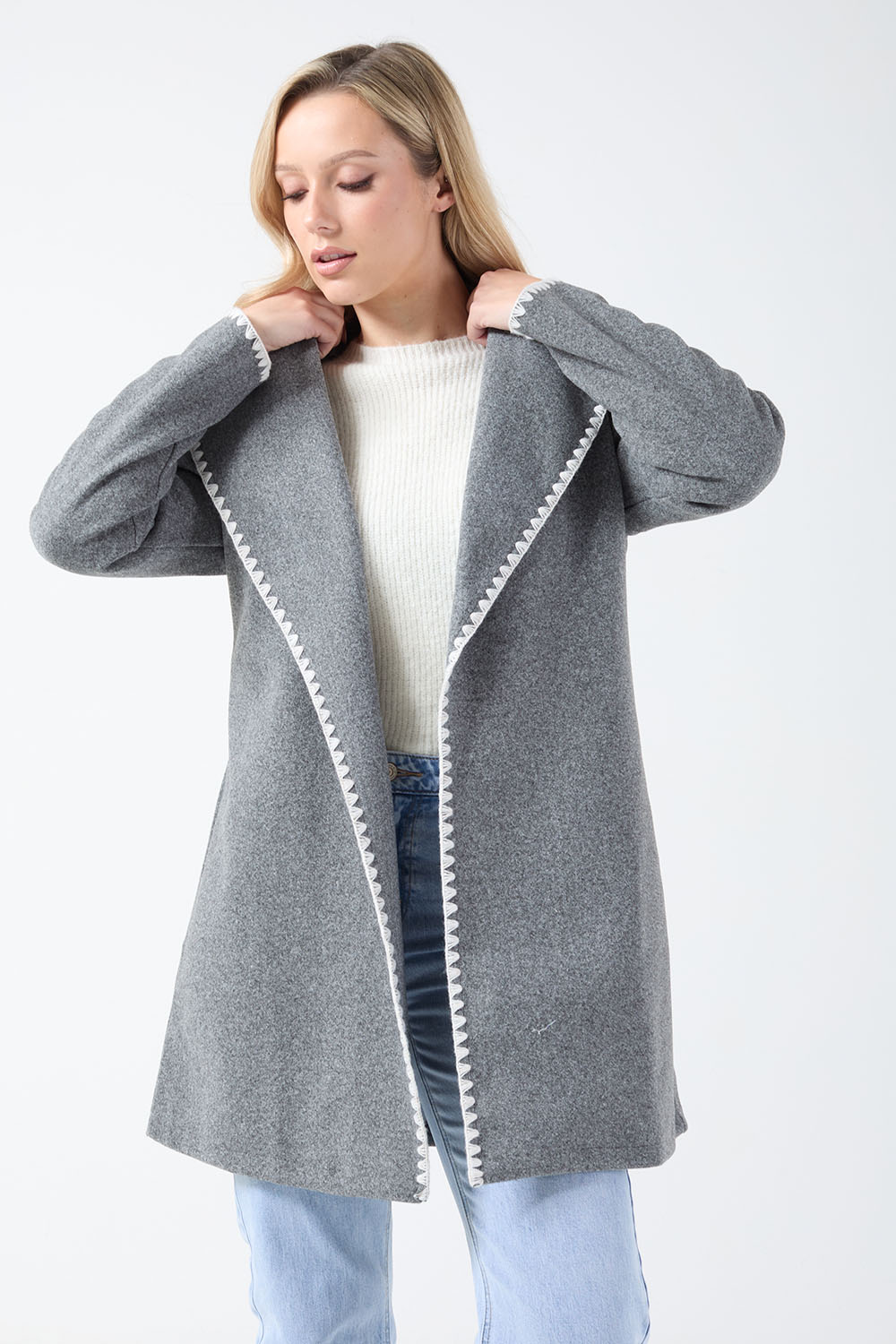Aoife Blanket Stitch Coat in Grey