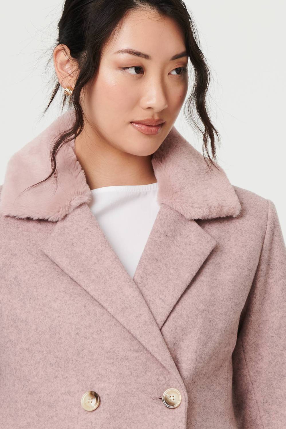 Fur Trim Double Breasted Longline Coat in Pink