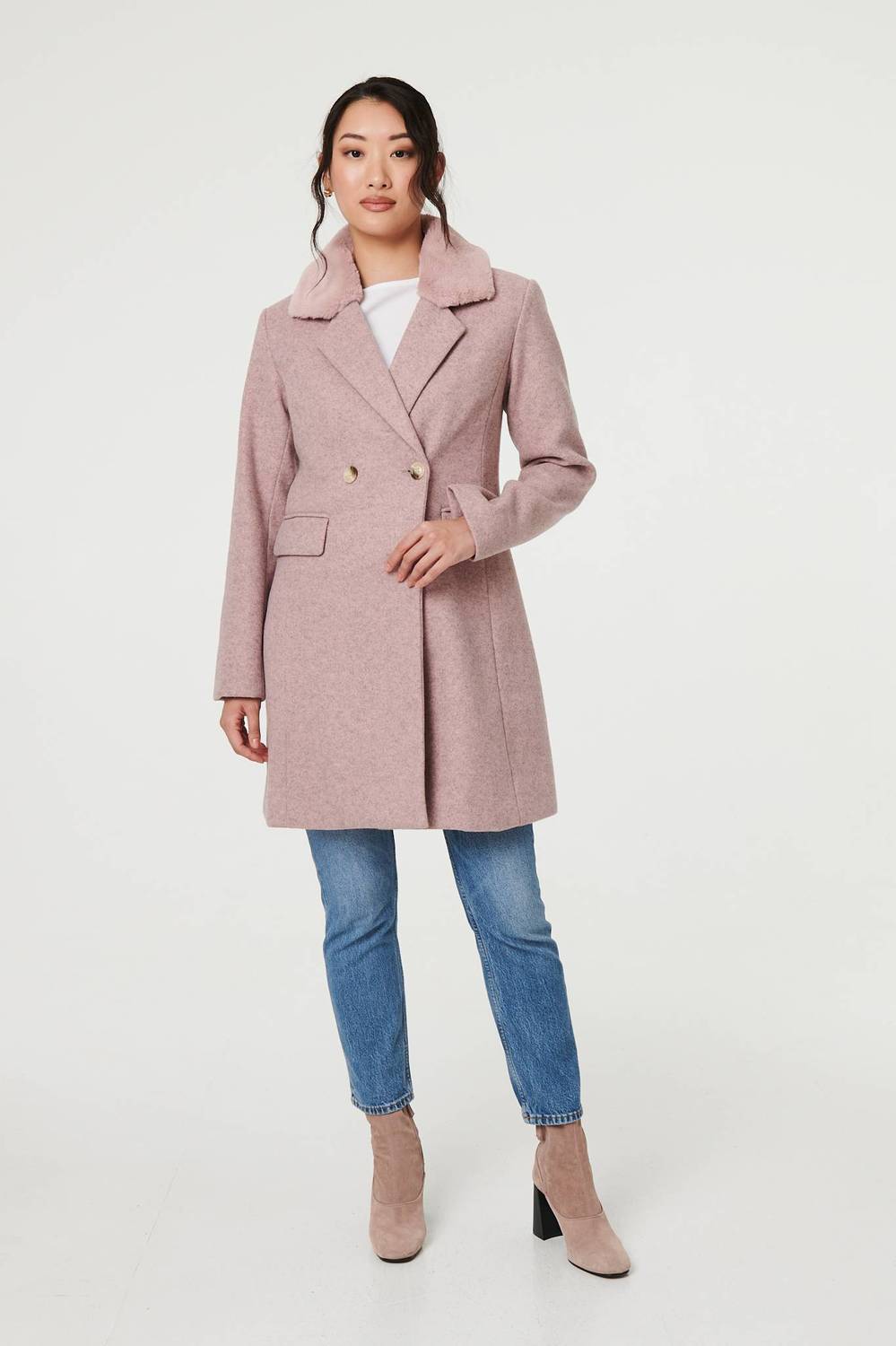 Fur Trim Double Breasted Longline Coat in Pink