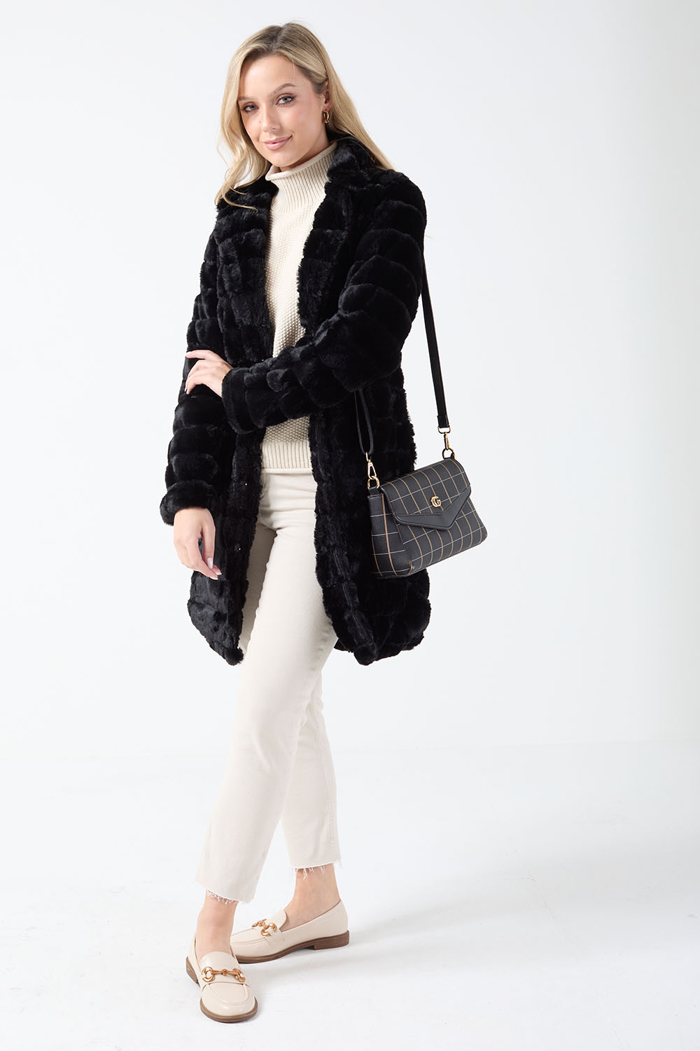 Cindi Faux Fur Longline Coat in Black