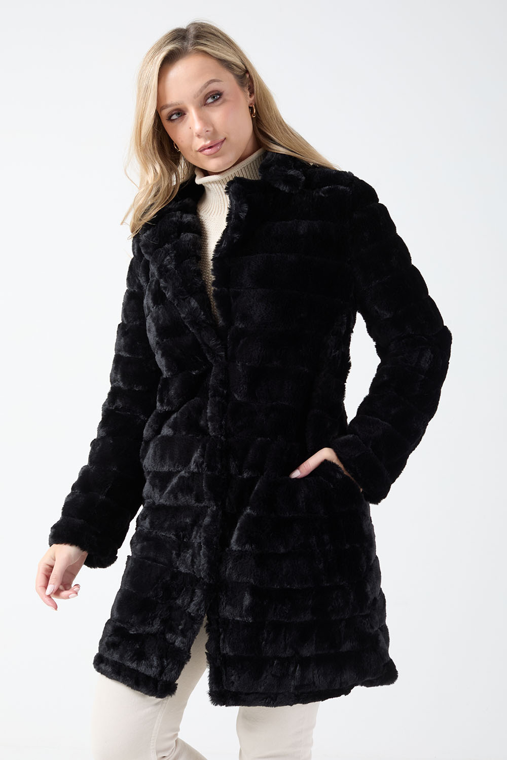 Cindi Faux Fur Longline Coat in Black