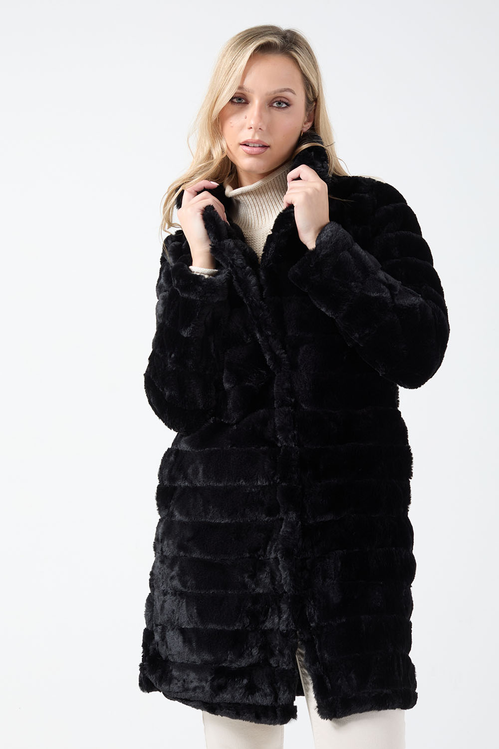 Cindi Faux Fur Longline Coat in Black